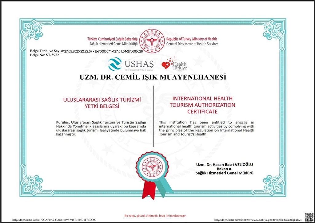 International Health Tourism Authorization Certificate issued by the Republic of Turkey Ministry of Health